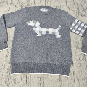 THOM BROWNE Grey Hector Dog Checkered Knit Sweater